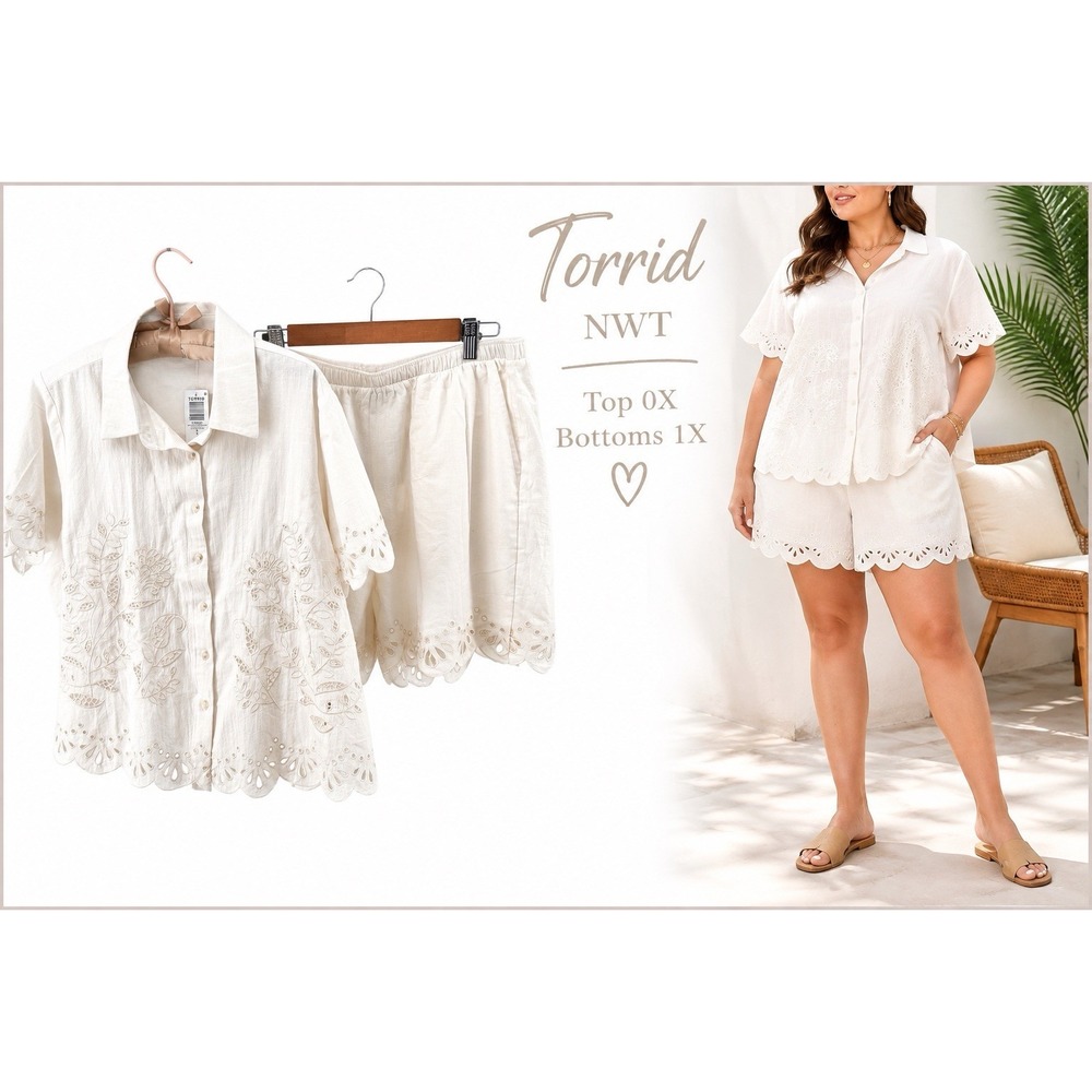 Torrid NWT 2 Piece Eyelet Embroidered Shirt Shorts Set Ivory 0X 1X Plus Size